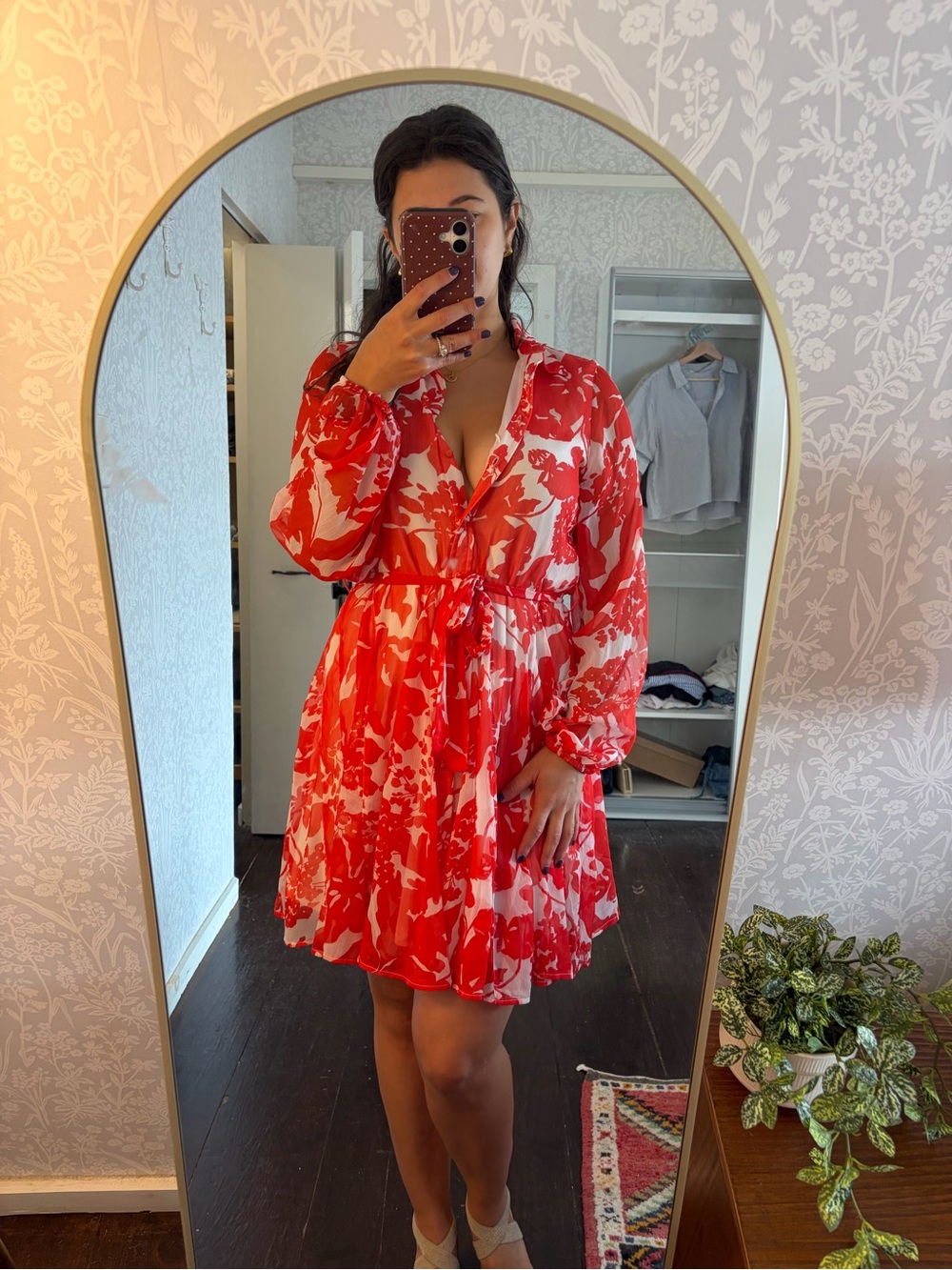 Women’s Red & White Floral Tie-Waist Long-Sleeve Dress